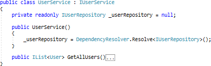 Dependency Injection, C#, Junior Developer, public UserService, DependencyResolver, GetAllUsers - servocode.com 